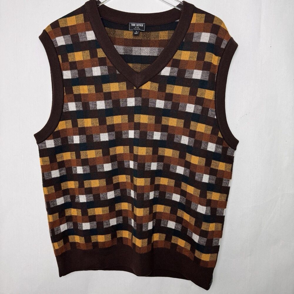 Todd Snyder Sweater Vest Mens Large Wool Yellow Orange Brown Diamond Pullover